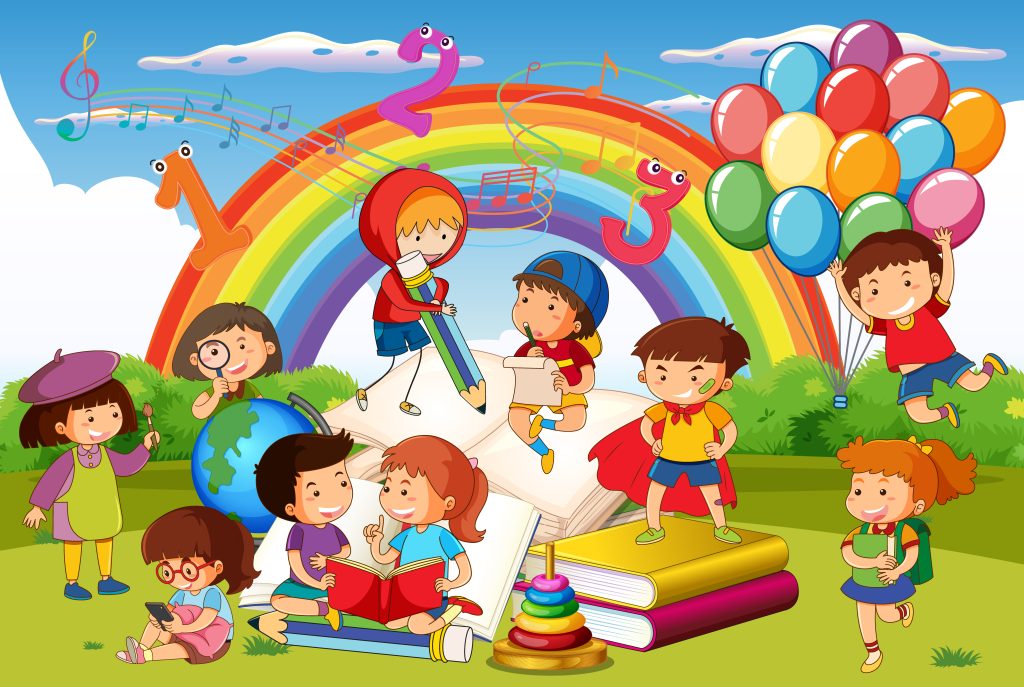 A Children Are Reading Books On A Stack Of Books In Garden Scene